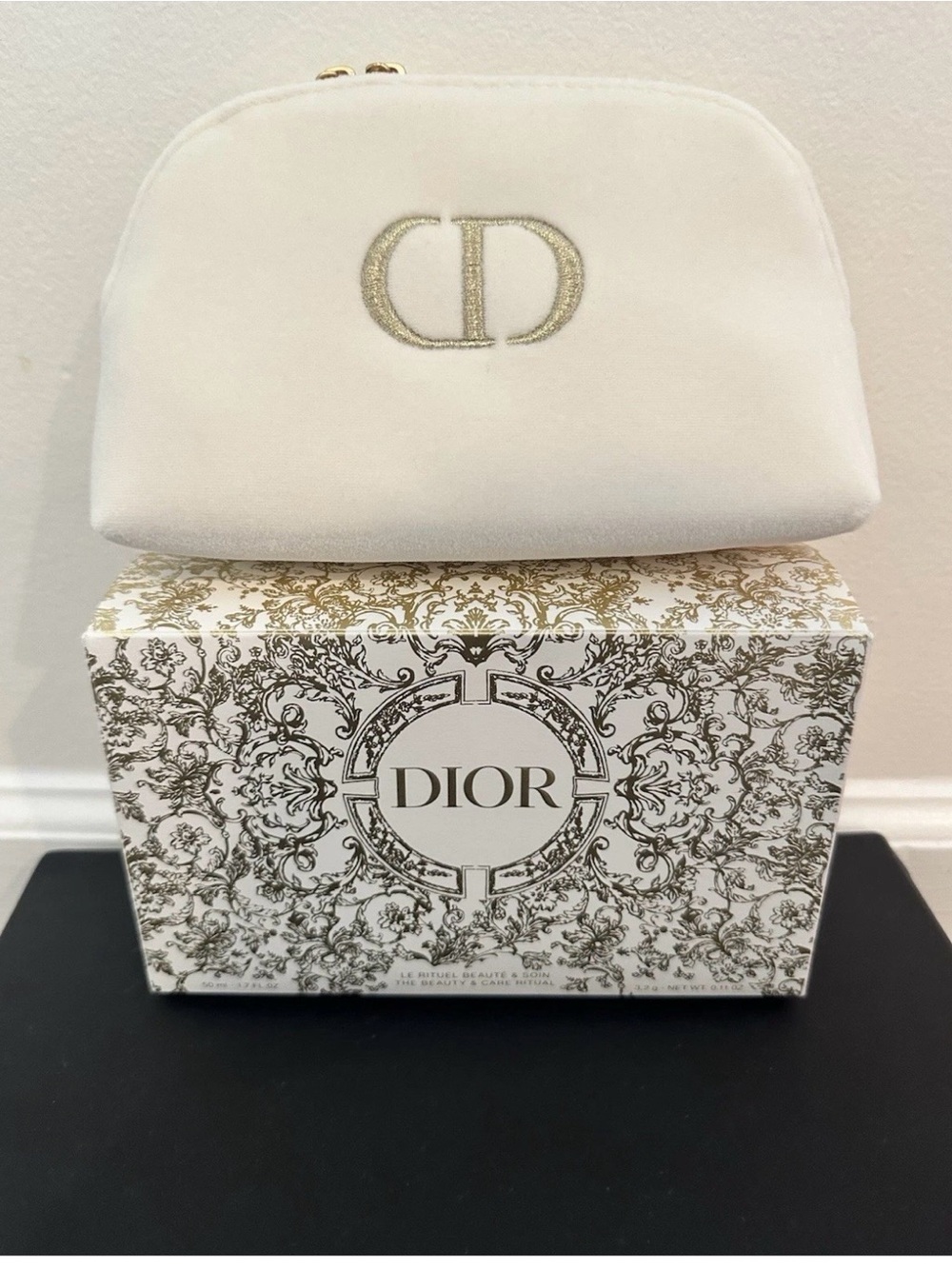Dior Cream Velvet CD Logo Cosmetic Case with Gold Accent